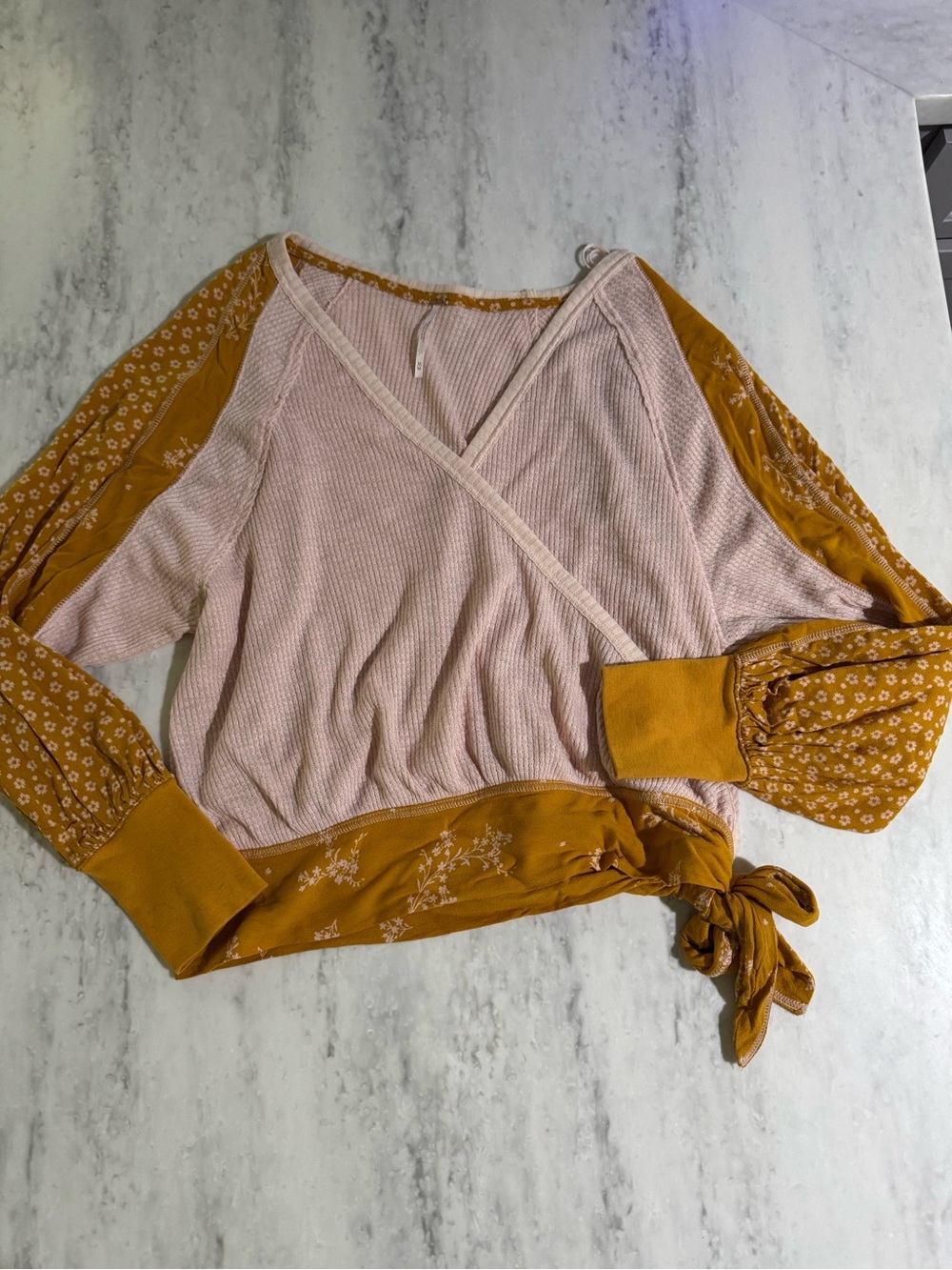 Free People Pink + Mustard Boho Chic Fem Floral Fall Wrap-Front Tie Blouse M